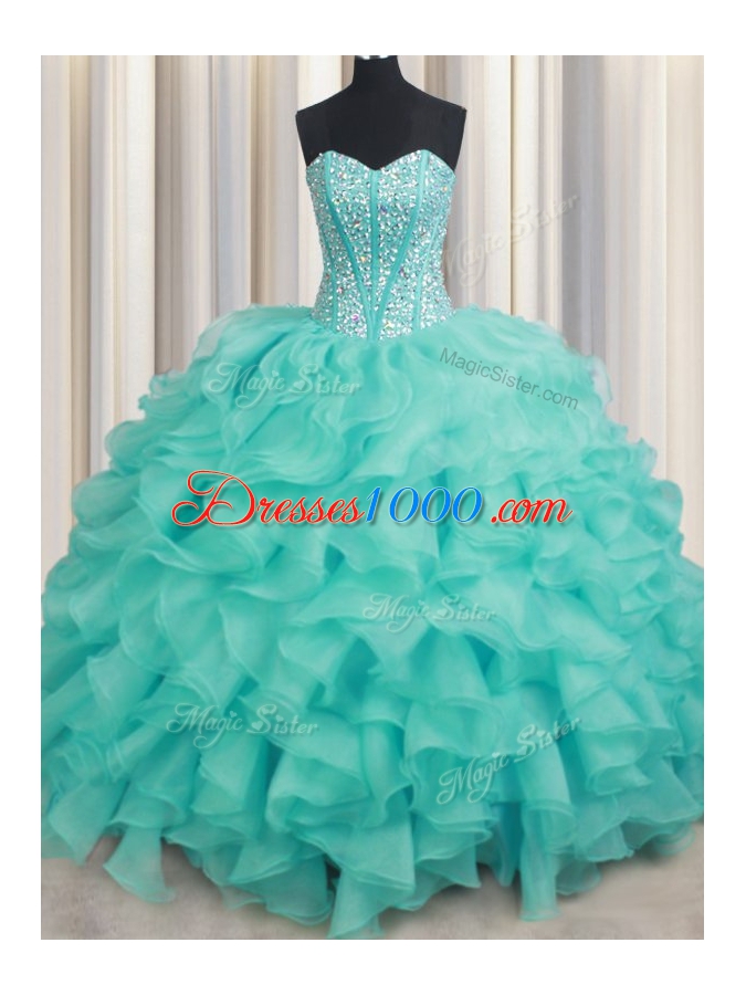 Turquoise Organza Lace Up Sweet 16 Quinceanera Dress Sleeveless Beading and Ruffles