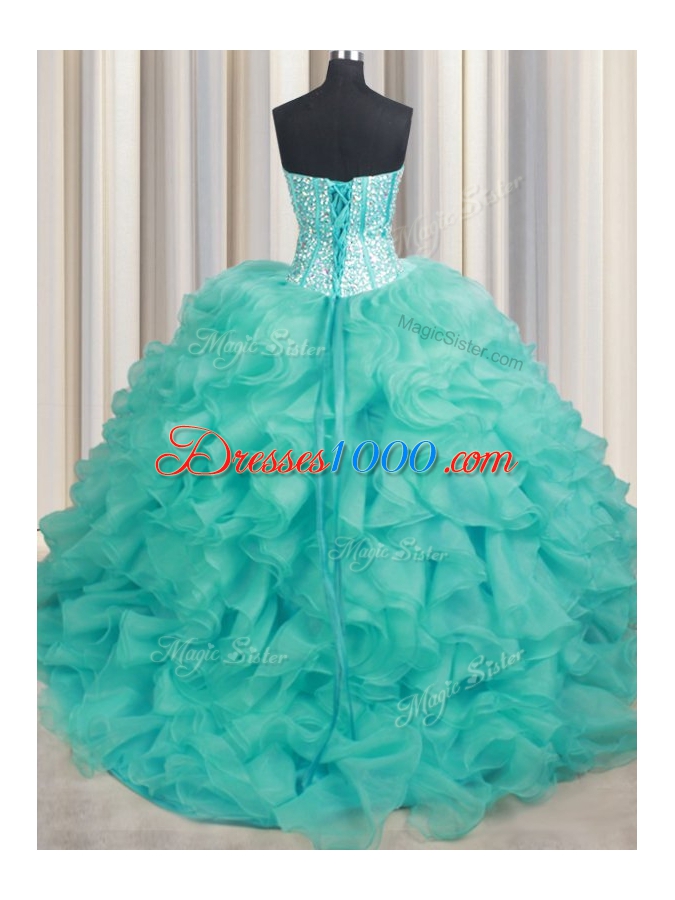 Turquoise Organza Lace Up Sweet 16 Quinceanera Dress Sleeveless Beading and Ruffles