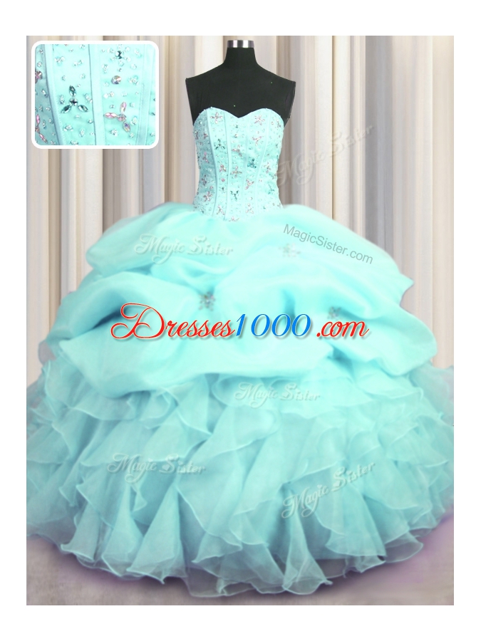 Visible Boning Aqua Blue Organza Lace Up Quinceanera Gown Sleeveless Floor Length Beading and Ruffles and Pick Ups