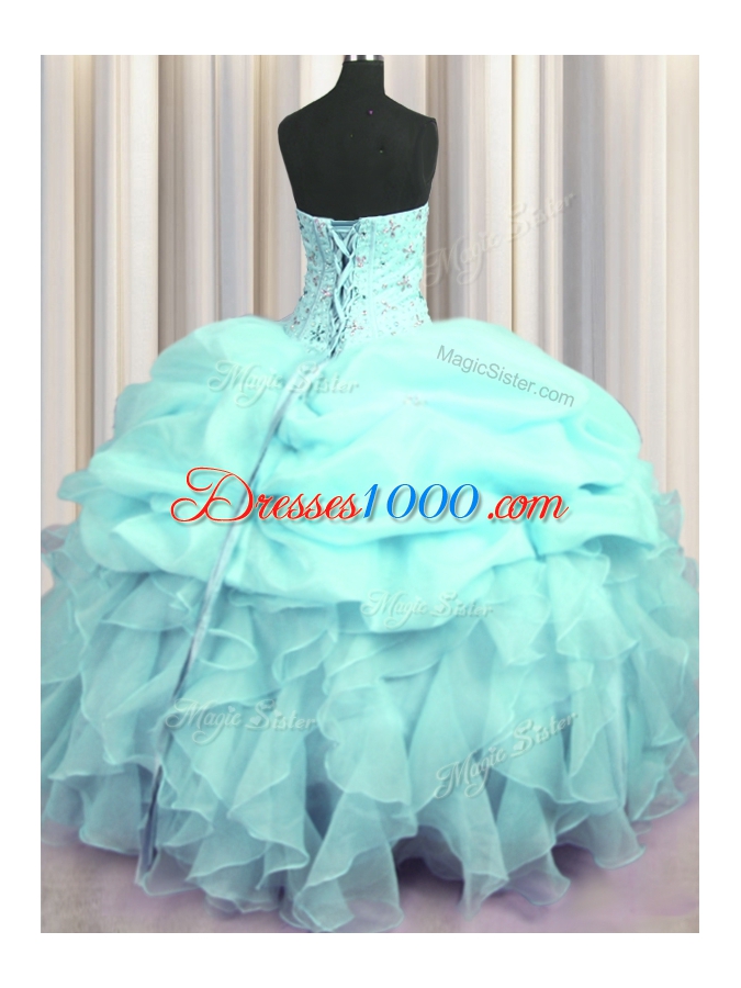 Visible Boning Aqua Blue Organza Lace Up Quinceanera Gown Sleeveless Floor Length Beading and Ruffles and Pick Ups