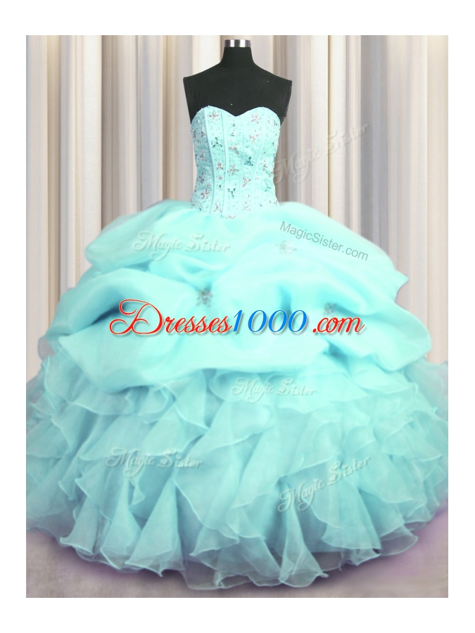 Visible Boning Aqua Blue Organza Lace Up Quinceanera Gown Sleeveless Floor Length Beading and Ruffles and Pick Ups