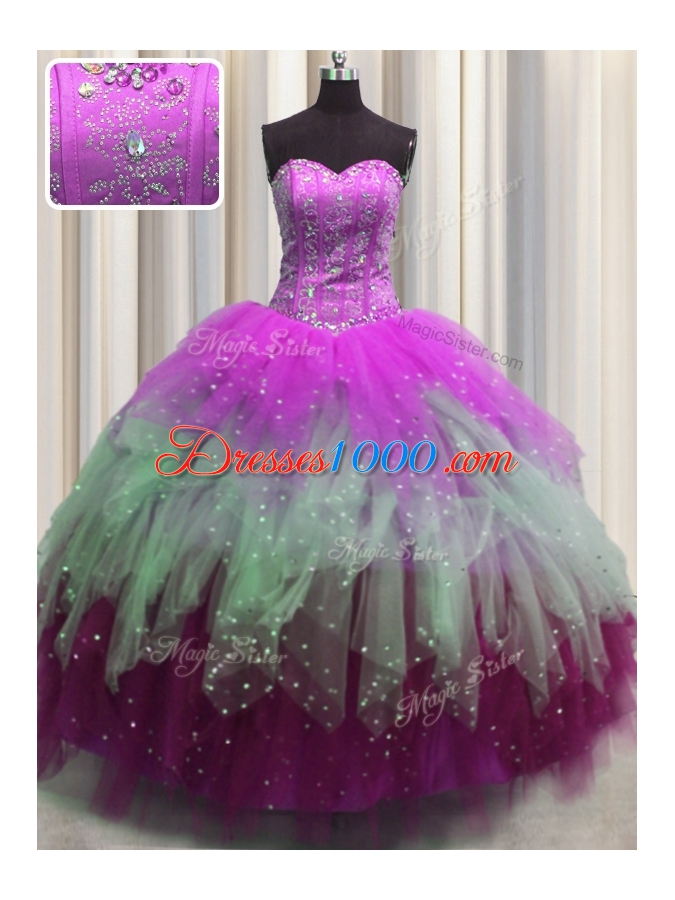 Visible Boning Multi-color Sleeveless Beading and Ruffles and Sequins Floor Length Quinceanera Gown