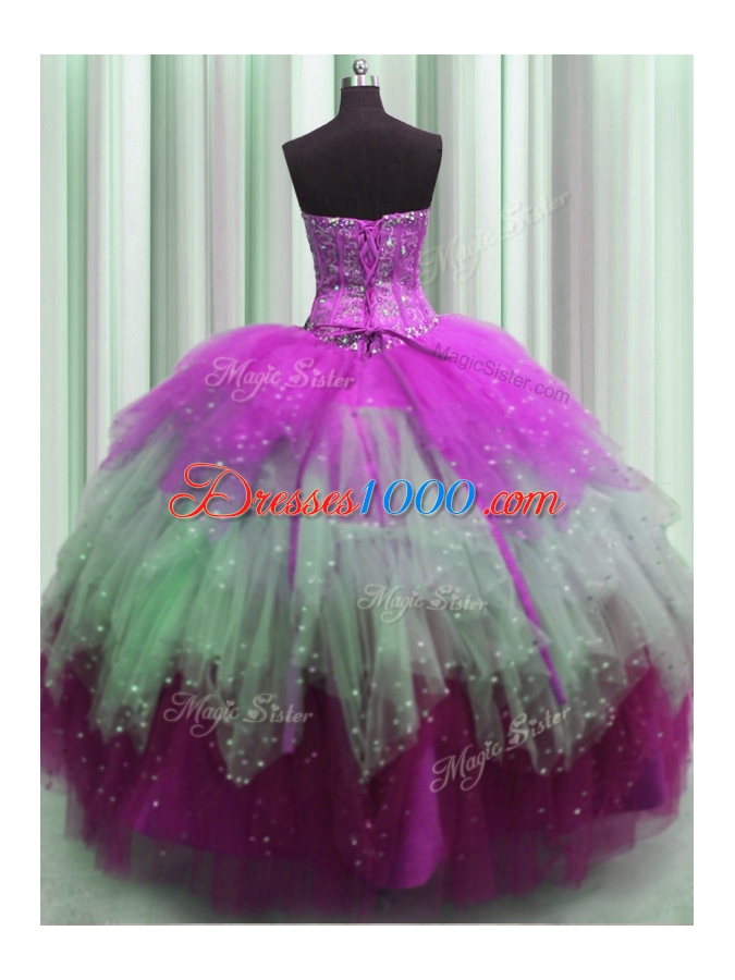 Visible Boning Multi-color Sleeveless Beading and Ruffles and Sequins Floor Length Quinceanera Gown
