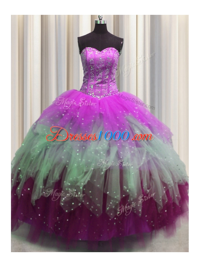 Visible Boning Multi-color Sleeveless Beading and Ruffles and Sequins Floor Length Quinceanera Gown
