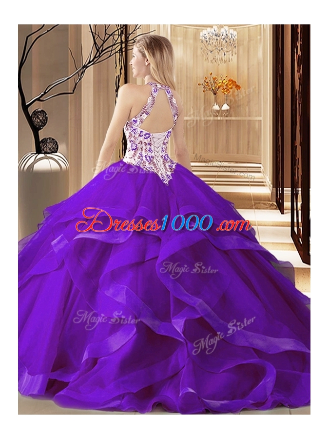 Amazing Scoop Ball Gowns Sleeveless Purple Sweet 16 Dress Brush Train Lace Up