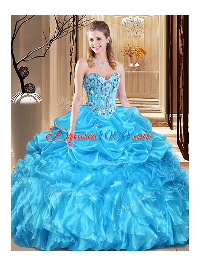Aqua Blue Lace Up Sweetheart Lace and Appliques Quinceanera Dresses Organza Sleeveless