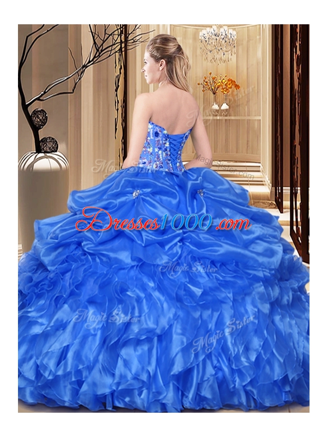 Aqua Blue Lace Up Sweetheart Lace and Appliques Quinceanera Dresses Organza Sleeveless