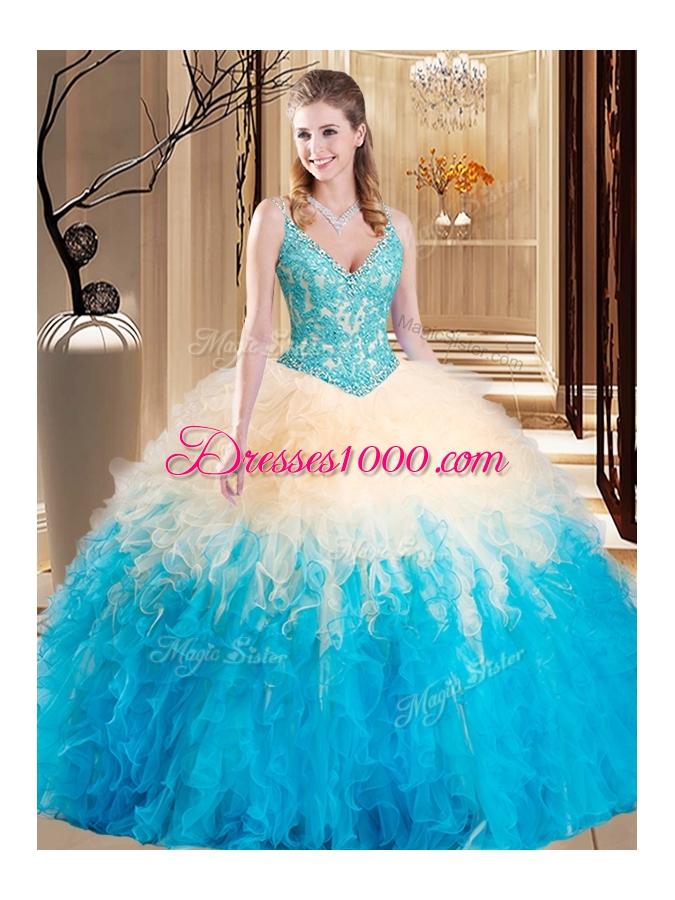 Beauteous Multi-color Lace Up V-neck Lace and Ruffles Quinceanera Gown Tulle Sleeveless