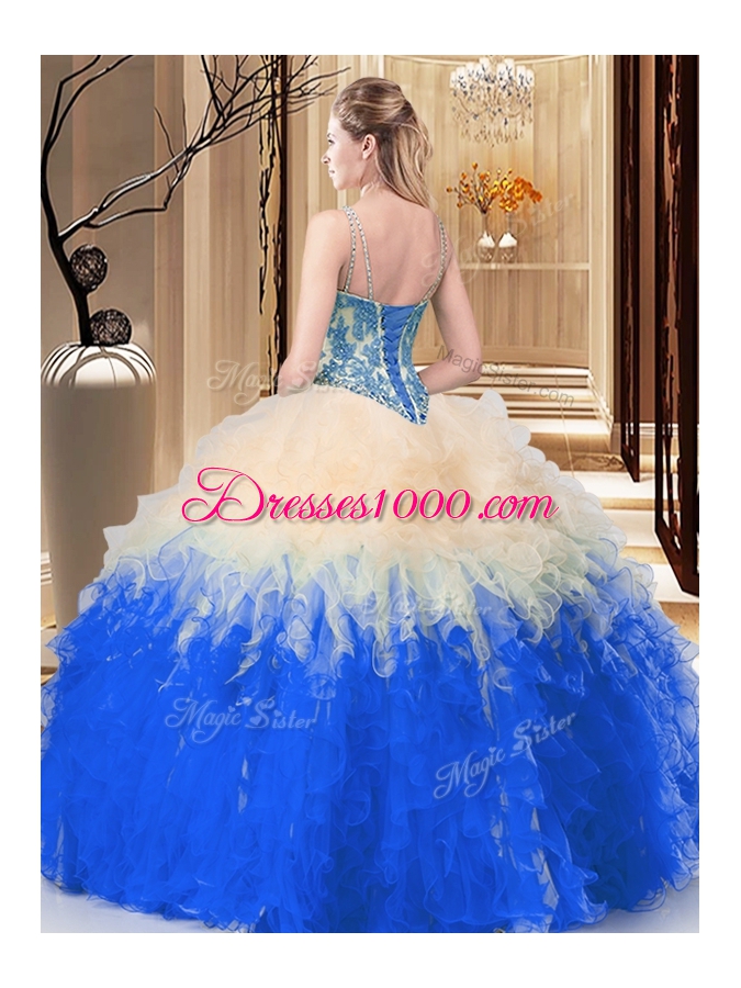 Beauteous Multi-color Lace Up V-neck Lace and Ruffles Quinceanera Gown Tulle Sleeveless