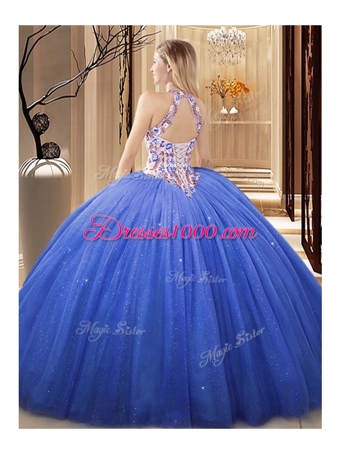 Burgundy High-neck Neckline Lace and Appliques Sweet 16 Quinceanera Dress Sleeveless Lace Up
