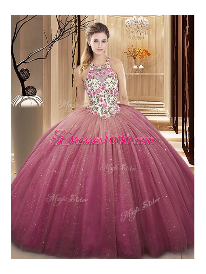 Burgundy High-neck Neckline Lace and Appliques Sweet 16 Quinceanera Dress Sleeveless Lace Up