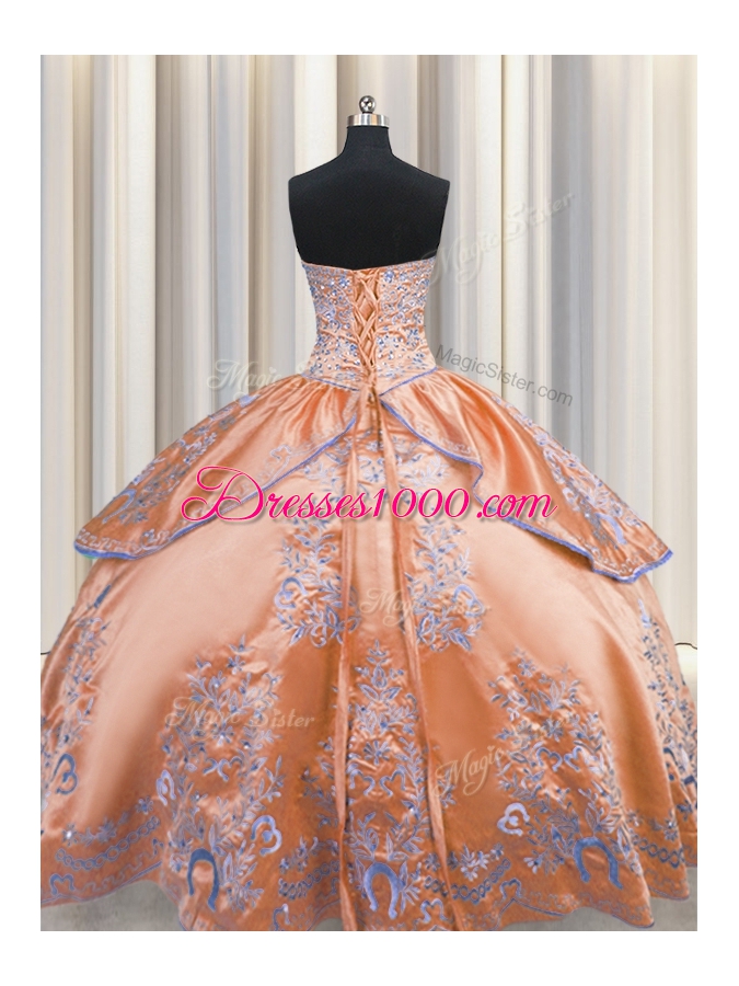 Captivating Sleeveless Taffeta Floor Length Lace Up Quinceanera Gown in Orange for with Beading and Embroidery