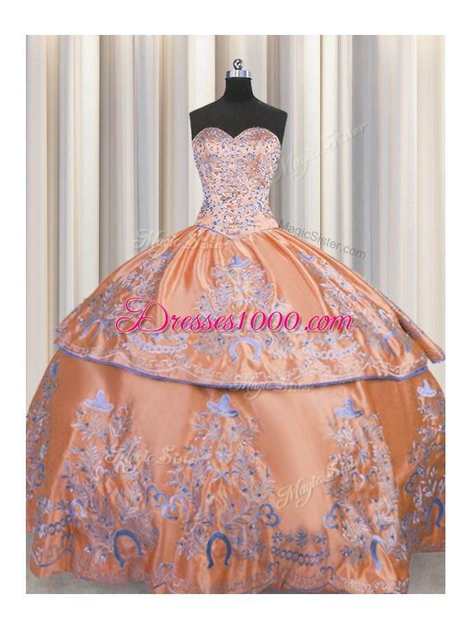 Captivating Sleeveless Taffeta Floor Length Lace Up Quinceanera Gown in Orange for with Beading and Embroidery