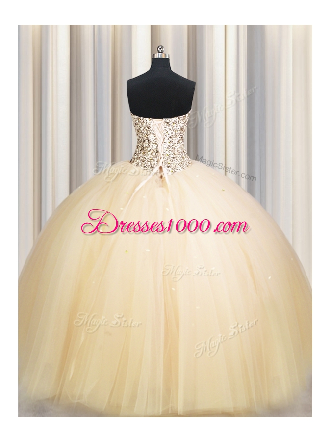 Colorful Really Puffy Gold Tulle Lace Up Strapless Sleeveless Floor Length Sweet 16 Quinceanera Dress Beading and Sequins