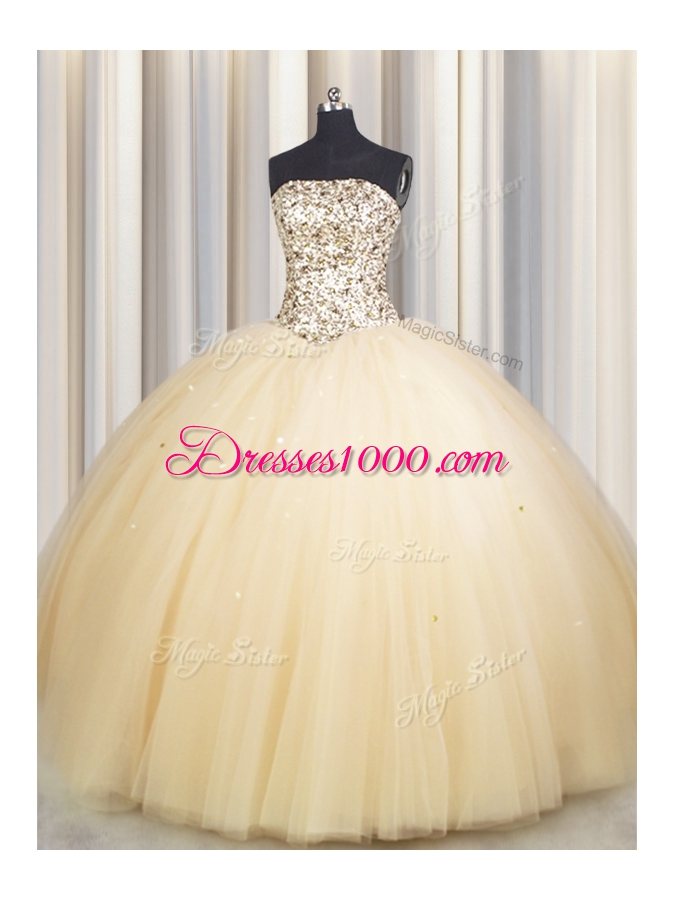 Colorful Really Puffy Gold Tulle Lace Up Strapless Sleeveless Floor Length Sweet 16 Quinceanera Dress Beading and Sequins