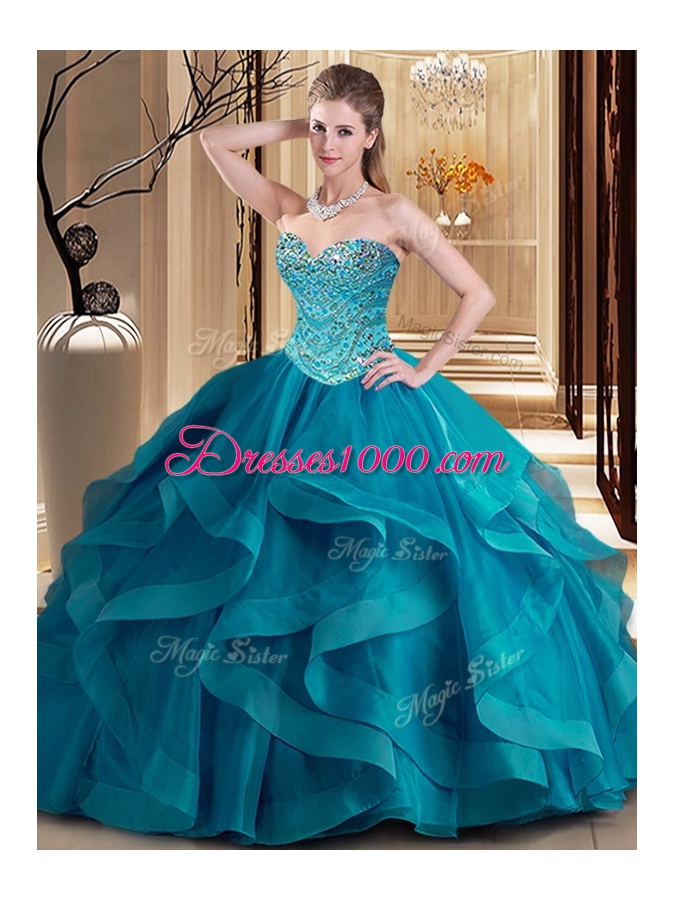 Flare Teal Sleeveless Tulle Lace Up Vestidos de Quinceanera for Military Ball and Sweet 16 and Quinceanera