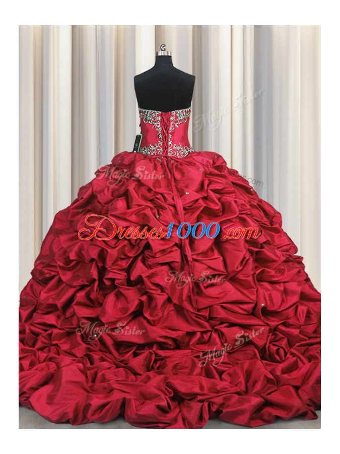 Glittering Sweetheart Sleeveless Taffeta Ball Gown Prom Dress Beading and Embroidery and Ruffled Layers and Pick Ups Brush Train Lace Up