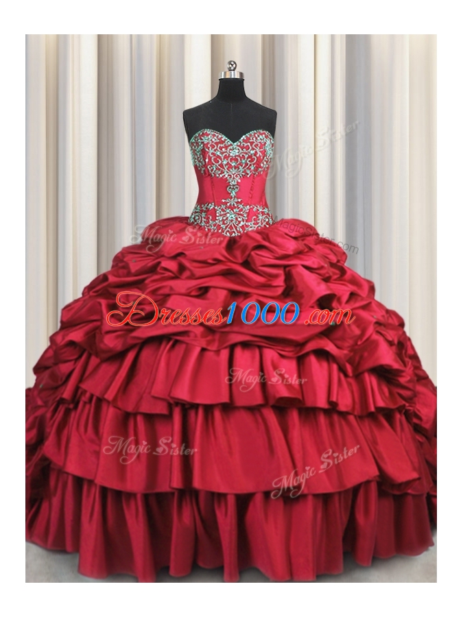 Glittering Sweetheart Sleeveless Taffeta Ball Gown Prom Dress Beading and Embroidery and Ruffled Layers and Pick Ups Brush Train Lace Up