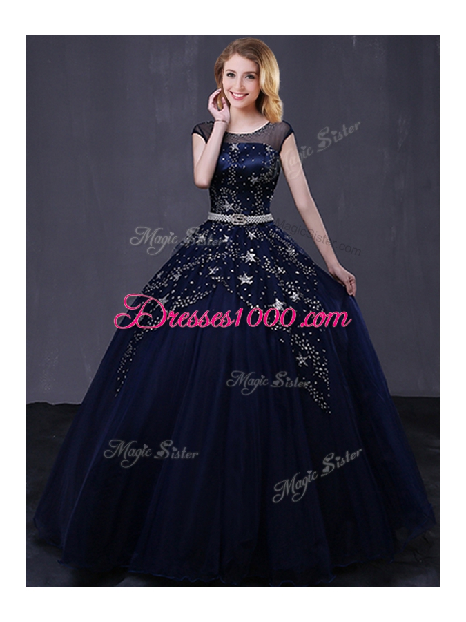 Glorious Scoop Navy Blue Cap Sleeves Tulle Lace Up Quinceanera Dresses for Military Ball and Sweet 16 and Quinceanera