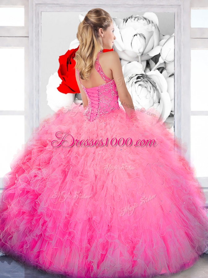 Perfect Sleeveless Beading and Ruffles Lace Up Quince Ball Gowns