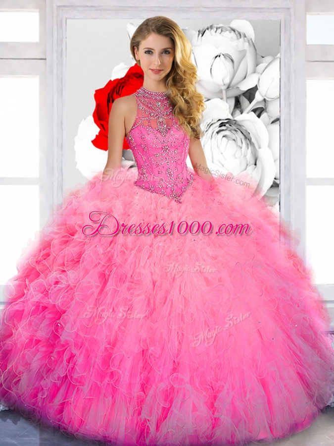 Perfect Sleeveless Beading and Ruffles Lace Up Quince Ball Gowns
