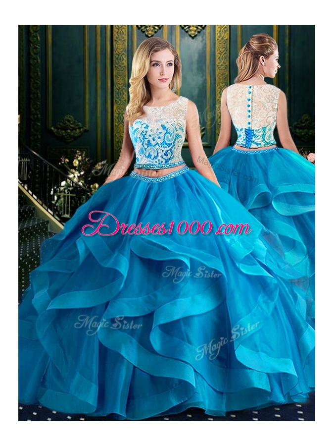 Scoop Baby Blue Tulle Zipper 15 Quinceanera Dress Sleeveless With Brush Train Lace and Ruffles
