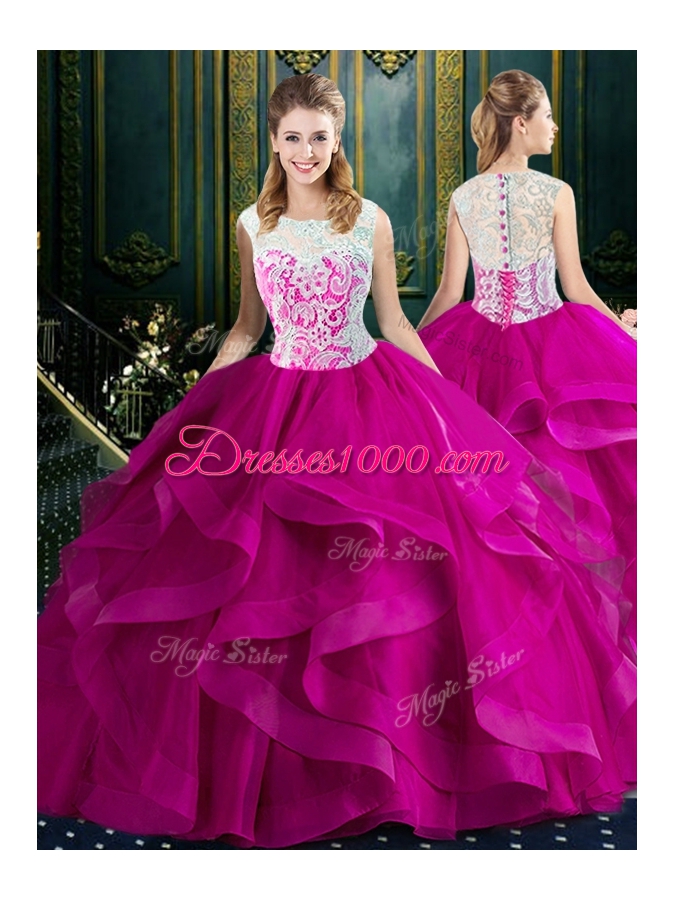 Scoop Baby Blue Tulle Zipper 15 Quinceanera Dress Sleeveless With Brush Train Lace and Ruffles