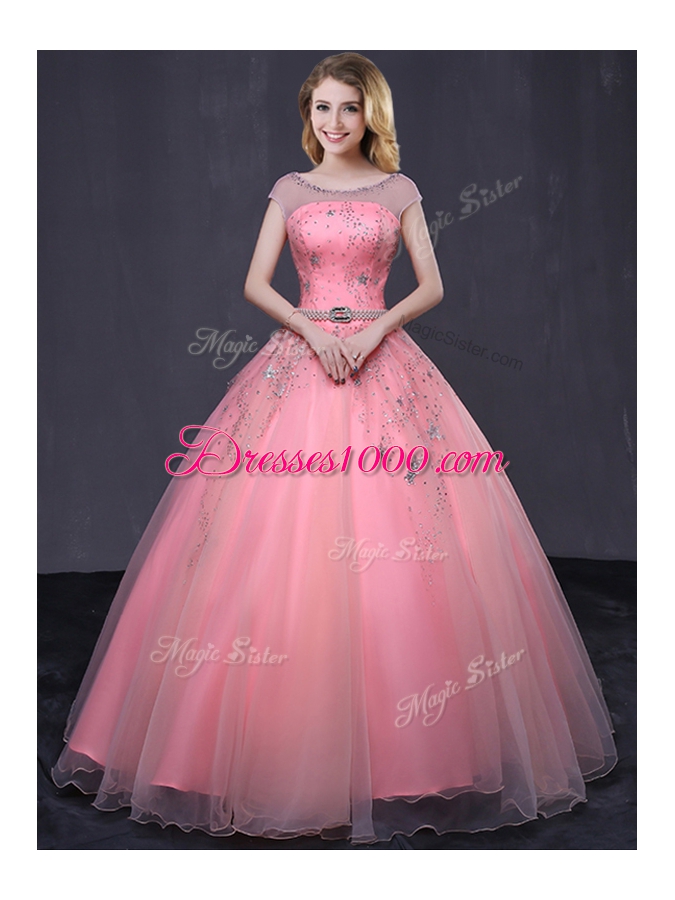 Scoop Cap Sleeves Quinceanera Gowns Floor Length Beading and Belt Watermelon Red Tulle