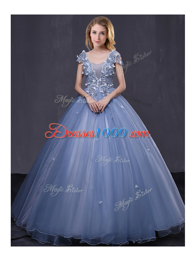 Scoop Floor Length Lavender 15 Quinceanera Dress Tulle Short Sleeves Appliques