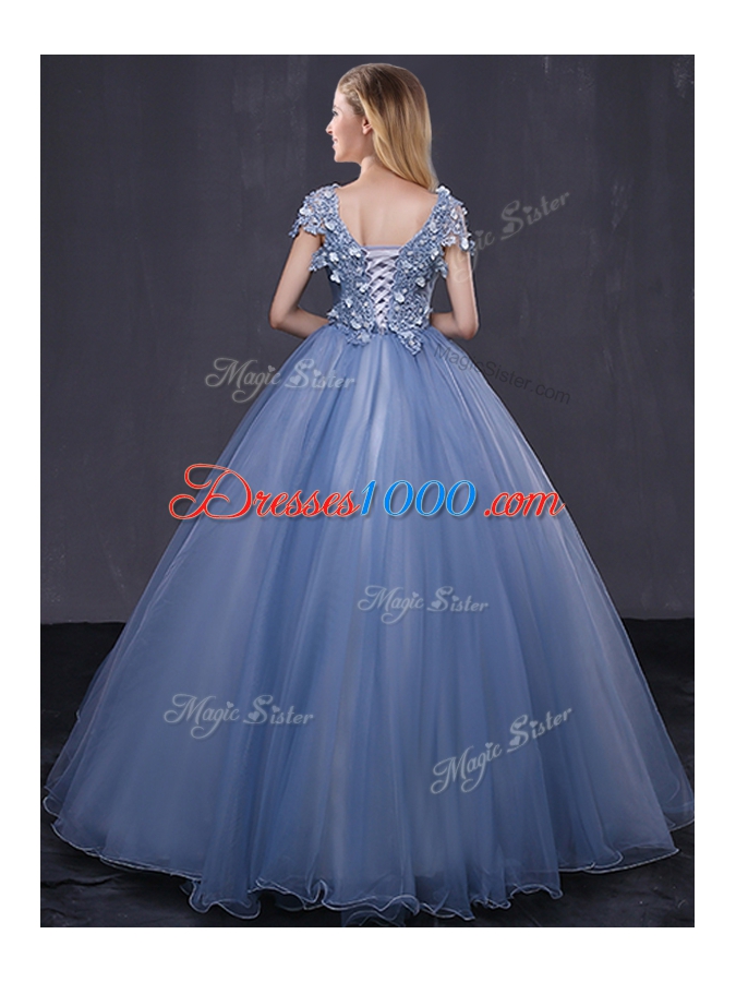 Scoop Floor Length Lavender 15 Quinceanera Dress Tulle Short Sleeves Appliques