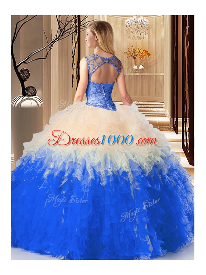 Scoop Multi-color Tulle Lace Up Sweet 16 Quinceanera Dress Sleeveless Floor Length Beading