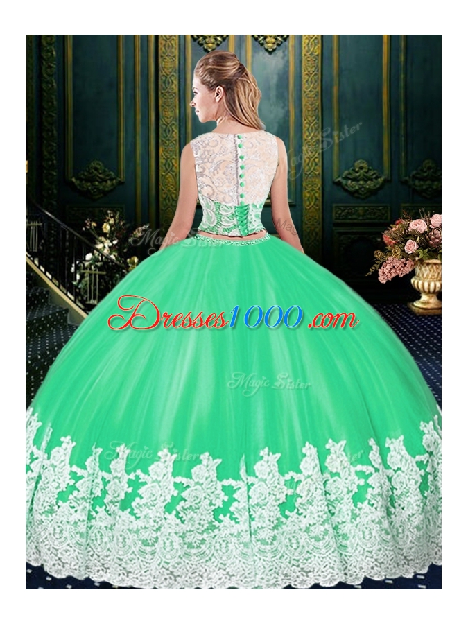 Scoop Purple Two Pieces Lace and Appliques Ball Gown Prom Dress Zipper Tulle Sleeveless Floor Length