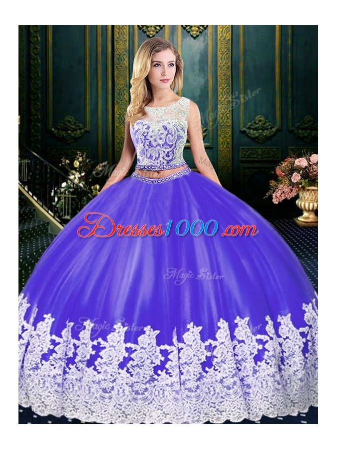 Scoop Purple Two Pieces Lace and Appliques Ball Gown Prom Dress Zipper Tulle Sleeveless Floor Length