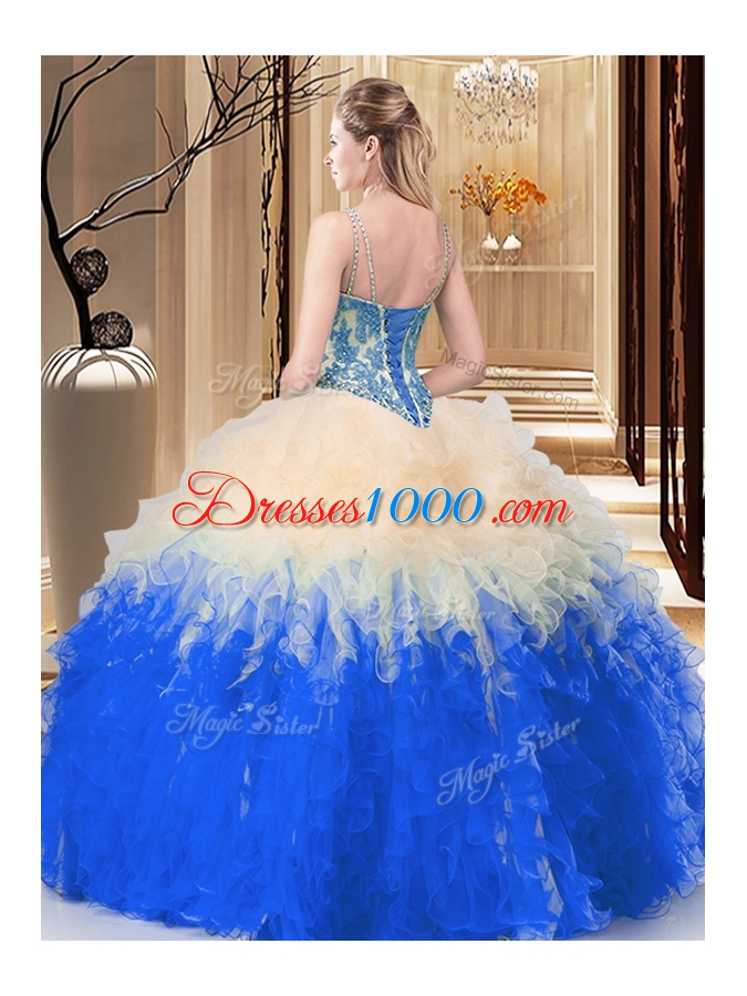 Simple Blue And White Quince Ball Gowns Military Ball and Sweet 16 and Quinceanera and For with Lace and Ruffles Straps Sleeveless Lace Up