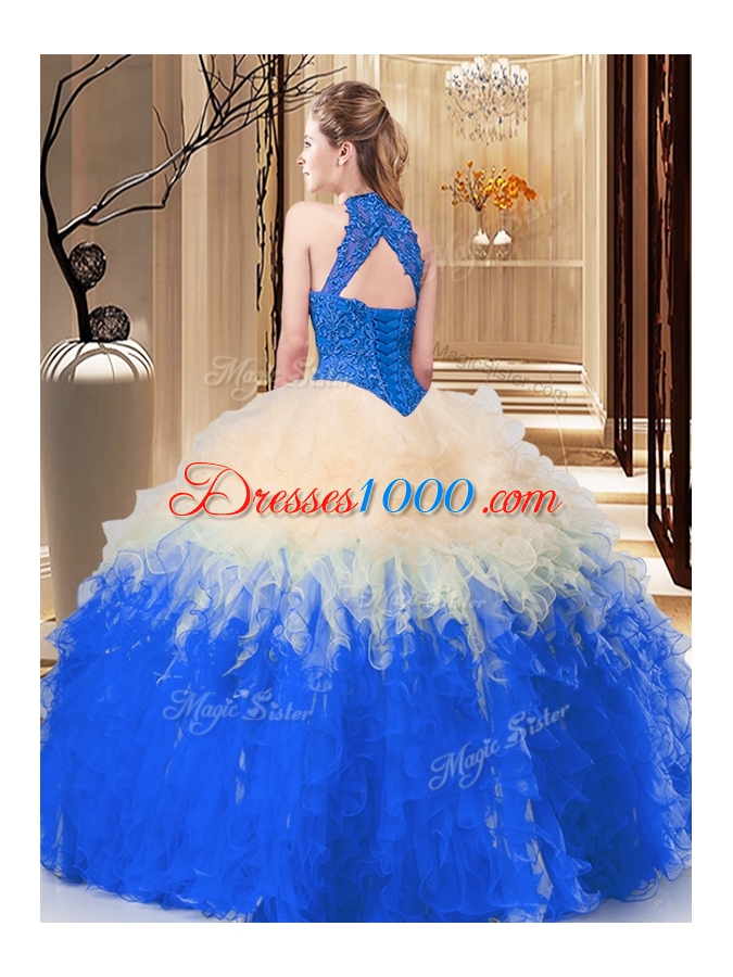 Sleeveless Organza Floor Length Backless Sweet 16 Dresses in Multi-color for with Lace and Appliques and Ruffles