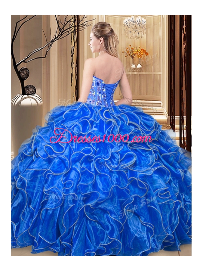 Sleeveless Organza Floor Length Lace Up 15 Quinceanera Dress in Teal for with Embroidery and Ruffles