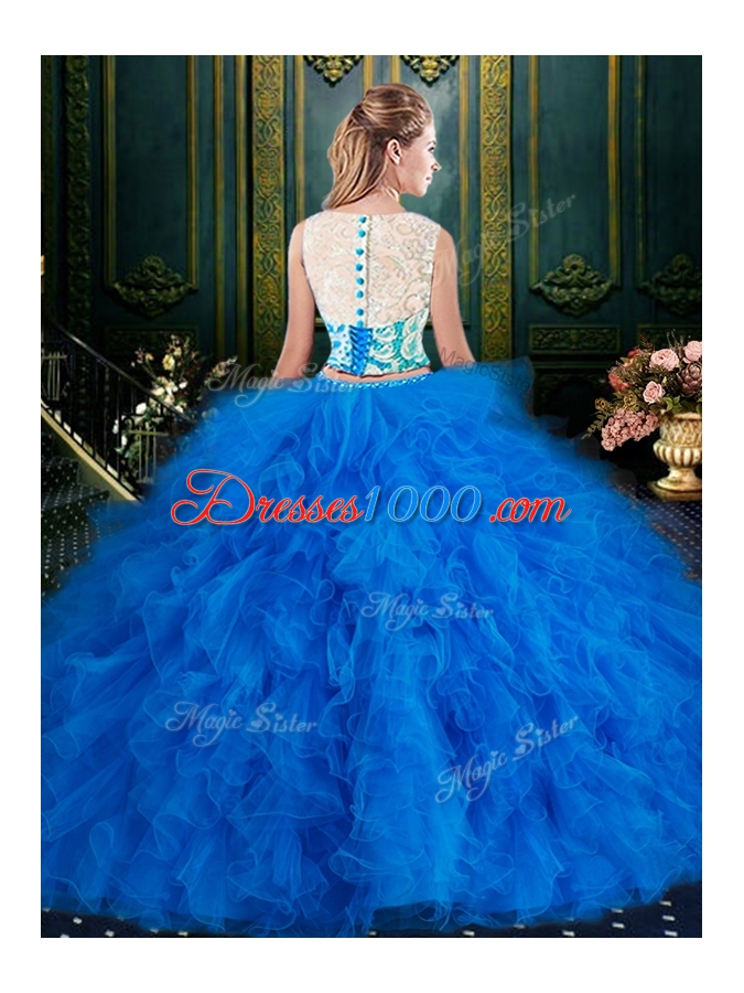 Tulle Zipper Scoop Sleeveless Floor Length 15th Birthday Dress Lace and Ruffles