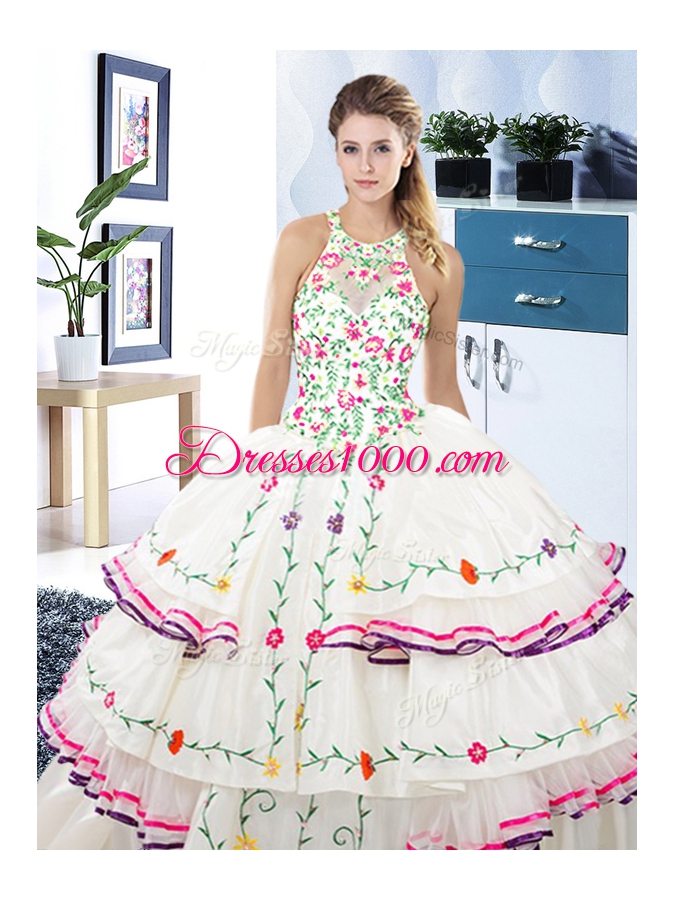 Amazing White Quinceanera Gowns Military Ball and Sweet 16 and Quinceanera and For with Embroidery and Ruffled Layers Halter Top Sleeveless Lace Up