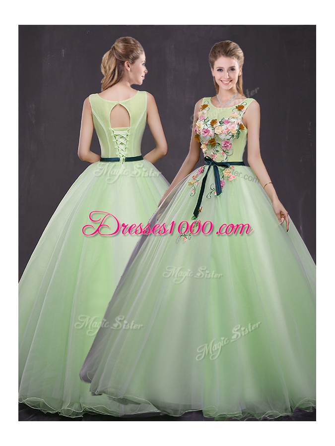 Custom Made Scoop Yellow Green Organza Lace Up Sweet 16 Dresses Sleeveless Floor Length Appliques