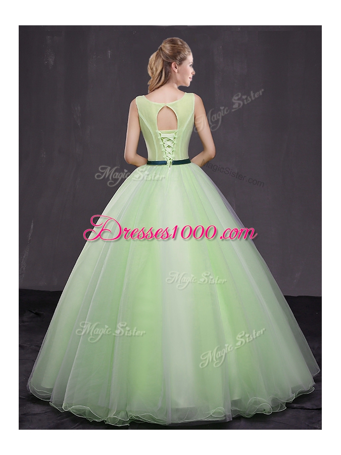Custom Made Scoop Yellow Green Organza Lace Up Sweet 16 Dresses Sleeveless Floor Length Appliques