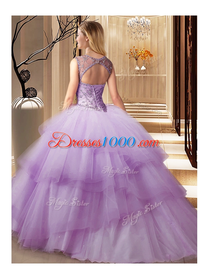 Decent Ruffled Scoop Sleeveless Brush Train Lace Up Quinceanera Dresses Peach Tulle