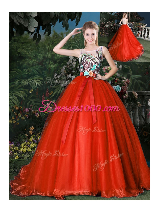 Dynamic Red Scoop Zipper Appliques and Belt Vestidos de Quinceanera Brush Train Sleeveless