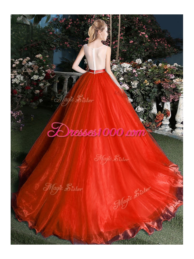 Dynamic Red Scoop Zipper Appliques and Belt Vestidos de Quinceanera Brush Train Sleeveless
