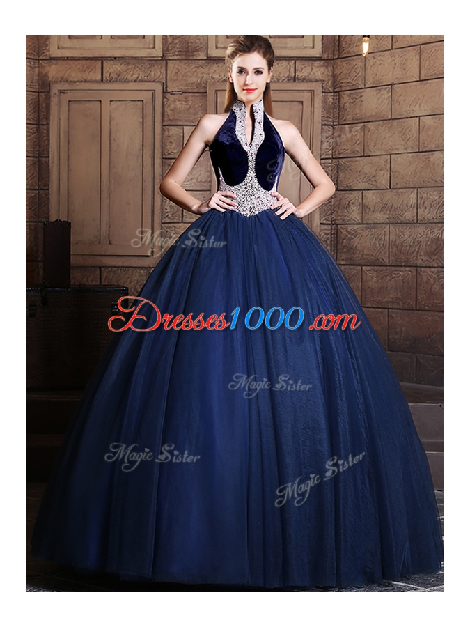 Fabulous Halter Top Beading Sweet 16 Quinceanera Dress Navy Blue Lace Up Sleeveless Floor Length