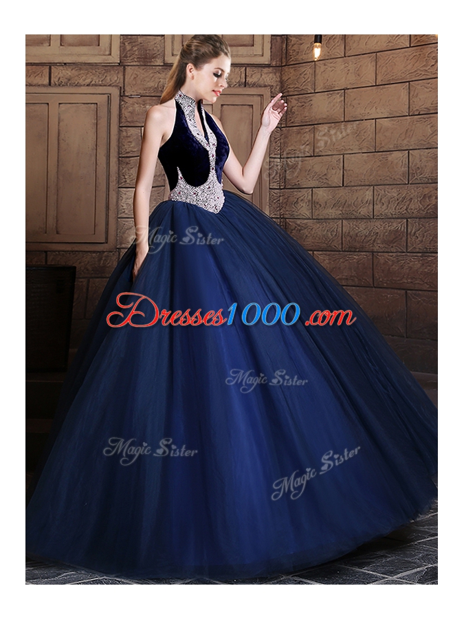 Fabulous Halter Top Beading Sweet 16 Quinceanera Dress Navy Blue Lace Up Sleeveless Floor Length