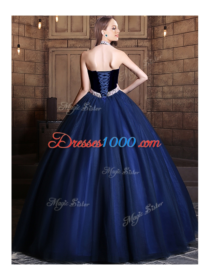 Fabulous Halter Top Beading Sweet 16 Quinceanera Dress Navy Blue Lace Up Sleeveless Floor Length