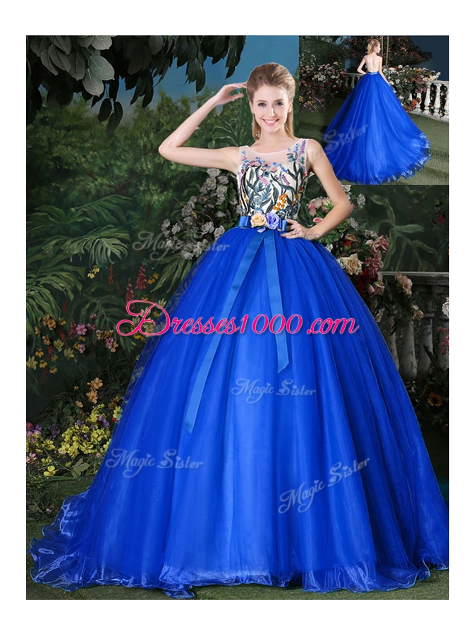 On Sale Scoop Royal Blue Organza Zipper Quince Ball Gowns Sleeveless Brush Train Appliques and Belt