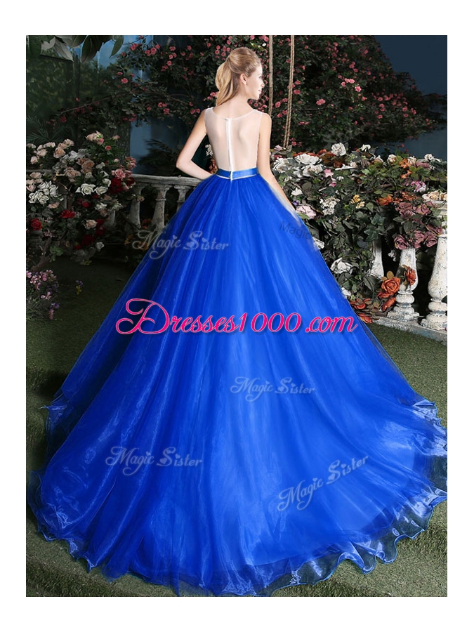 On Sale Scoop Royal Blue Organza Zipper Quince Ball Gowns Sleeveless Brush Train Appliques and Belt
