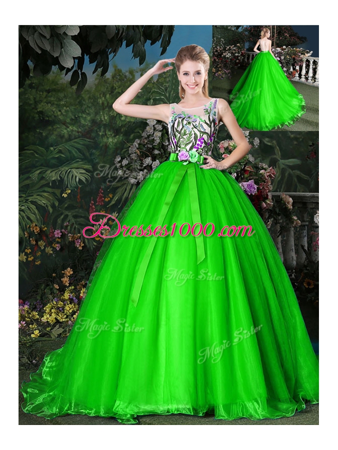 Scoop Ball Gowns Appliques and Belt Sweet 16 Quinceanera Dress Zipper Organza Sleeveless