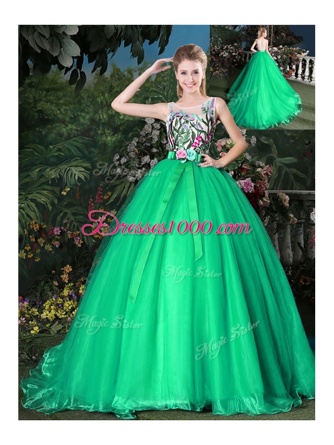 Scoop Green Ball Gowns Appliques and Belt 15th Birthday Dress Zipper Organza Sleeveless